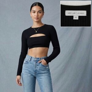Grey Lab Los Angeles Black Ribbed Curved Hem Crop Top Long Sleeve Minimalist XS